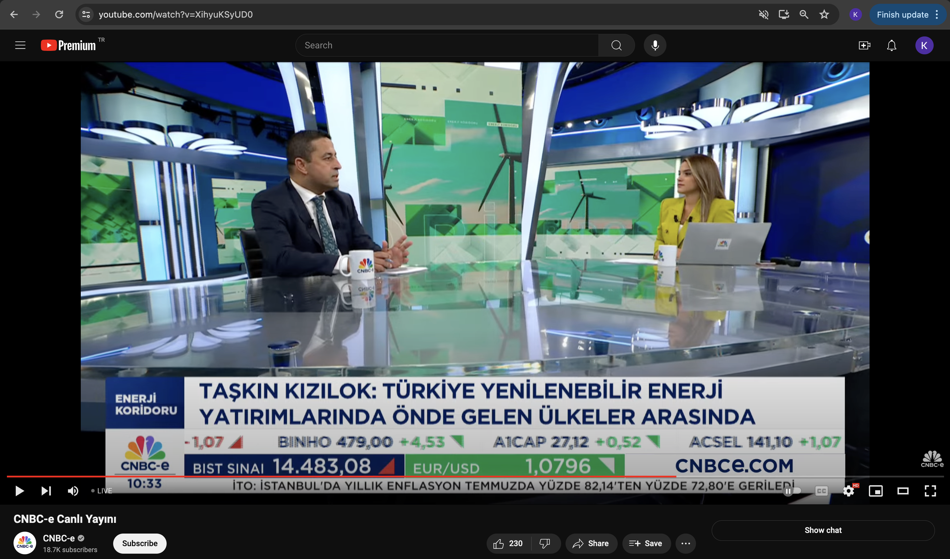 YouTube'da CNBC-e Canlı Yayını oynatılırken 'Enerji Koridoru — Taşkın Kızılok: Türkiye yenilenebilir enerji yatırımlarında önde gelen ülkeler arasında' başlığıyla alt şerit; üst URL çubuğu video linkini gösteriyor