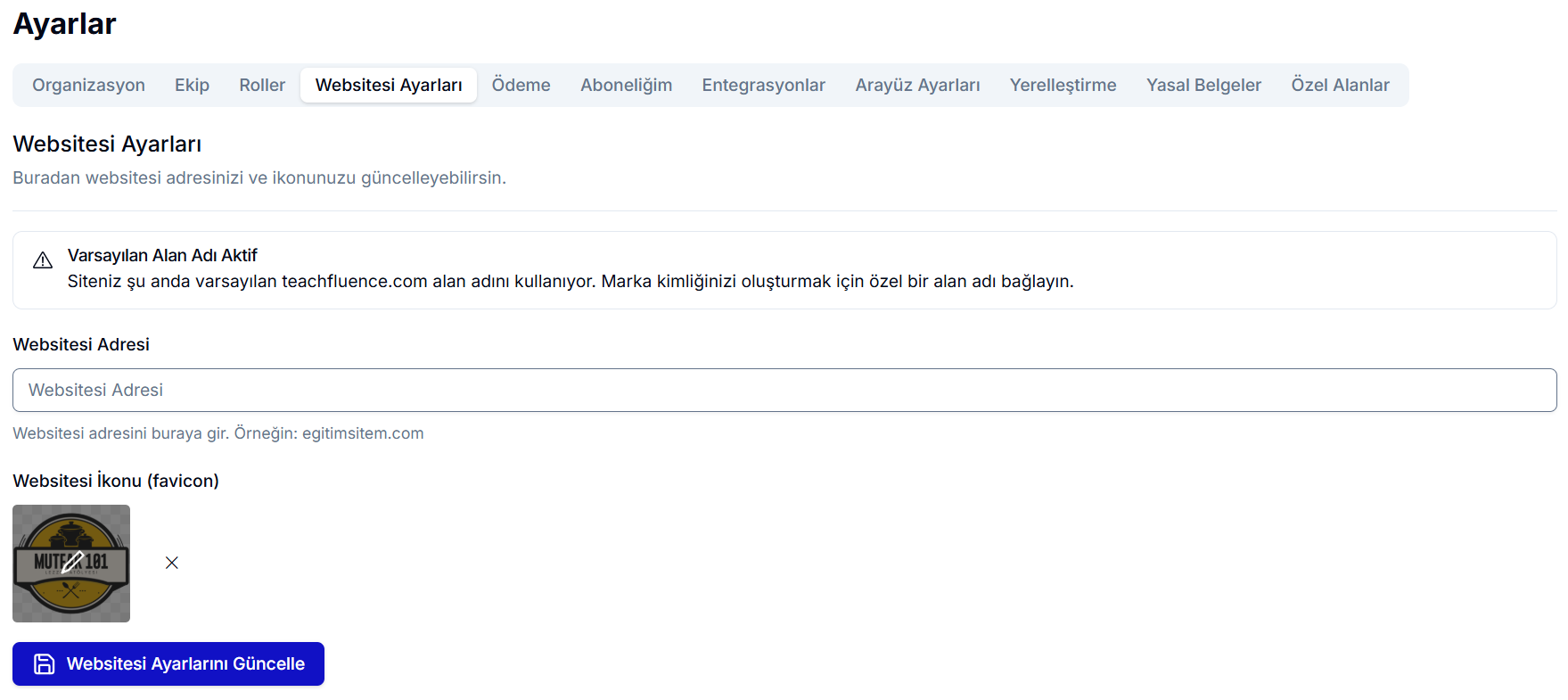 Websitesi Ayarları sekmesi: 'Varsayılan alan adı aktif' uyarısı, Websitesi Adresi girişi ve favicon yükleme alanı