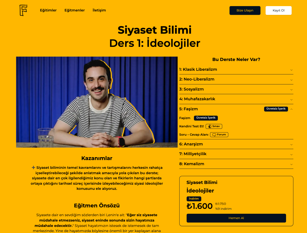 Flu Akademi ideolojiler dersi tanıtım sayfası - sürükle-bırak web editörü ile oluşturuldu